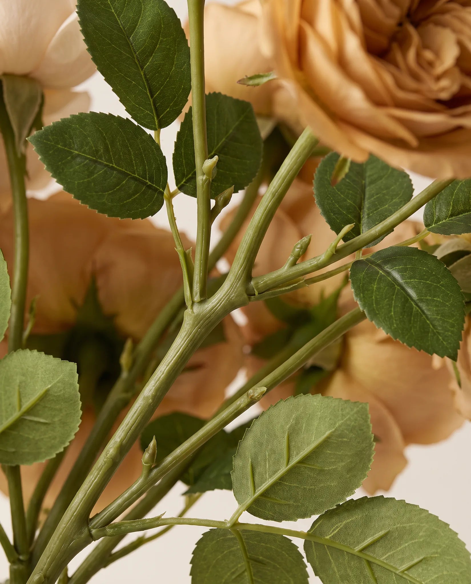 Détail des tiges et des feuilles dentelées du bouquet artificiel Sable Doré