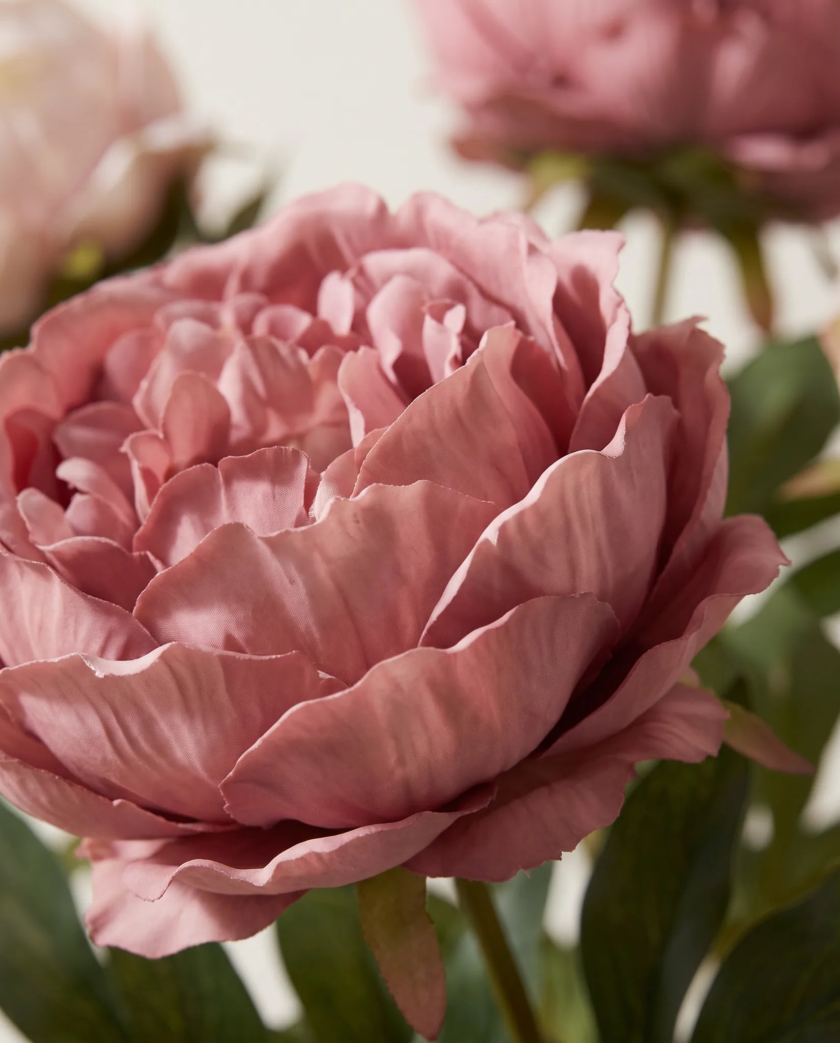 Gros plan sur les pivoines artificielles épanouies du bouquet Jardin d'Antan