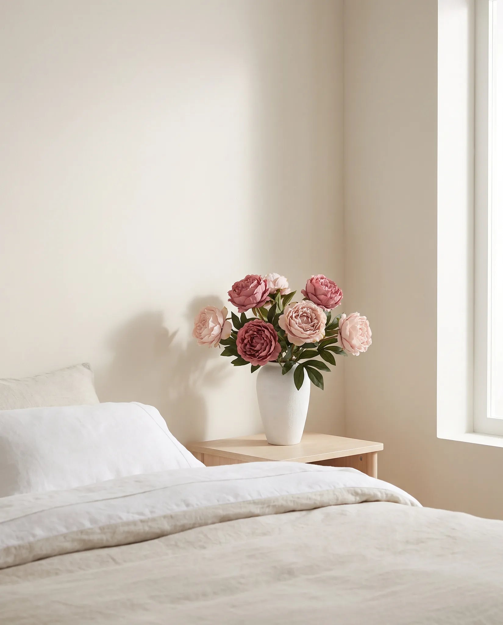 Bouquet artificiel rose sur une table de chevet en bois clair, chambre en lin