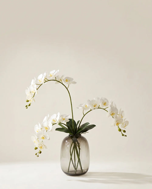 Bouquet artificiel d'orchidées blanches dans un vase en verre ambré