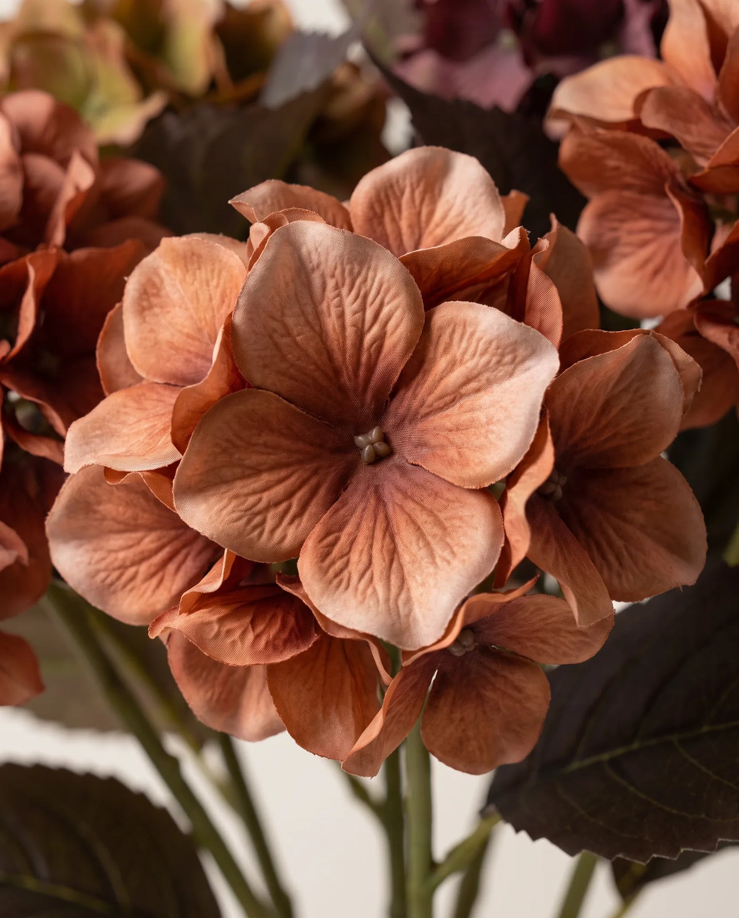 Gros plan sur les hortensias artificiels du bouquet Braise Rouge