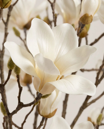 Gros plan sur les corolles de magnolia artificiel du bouquet Lumière d'Ivoire