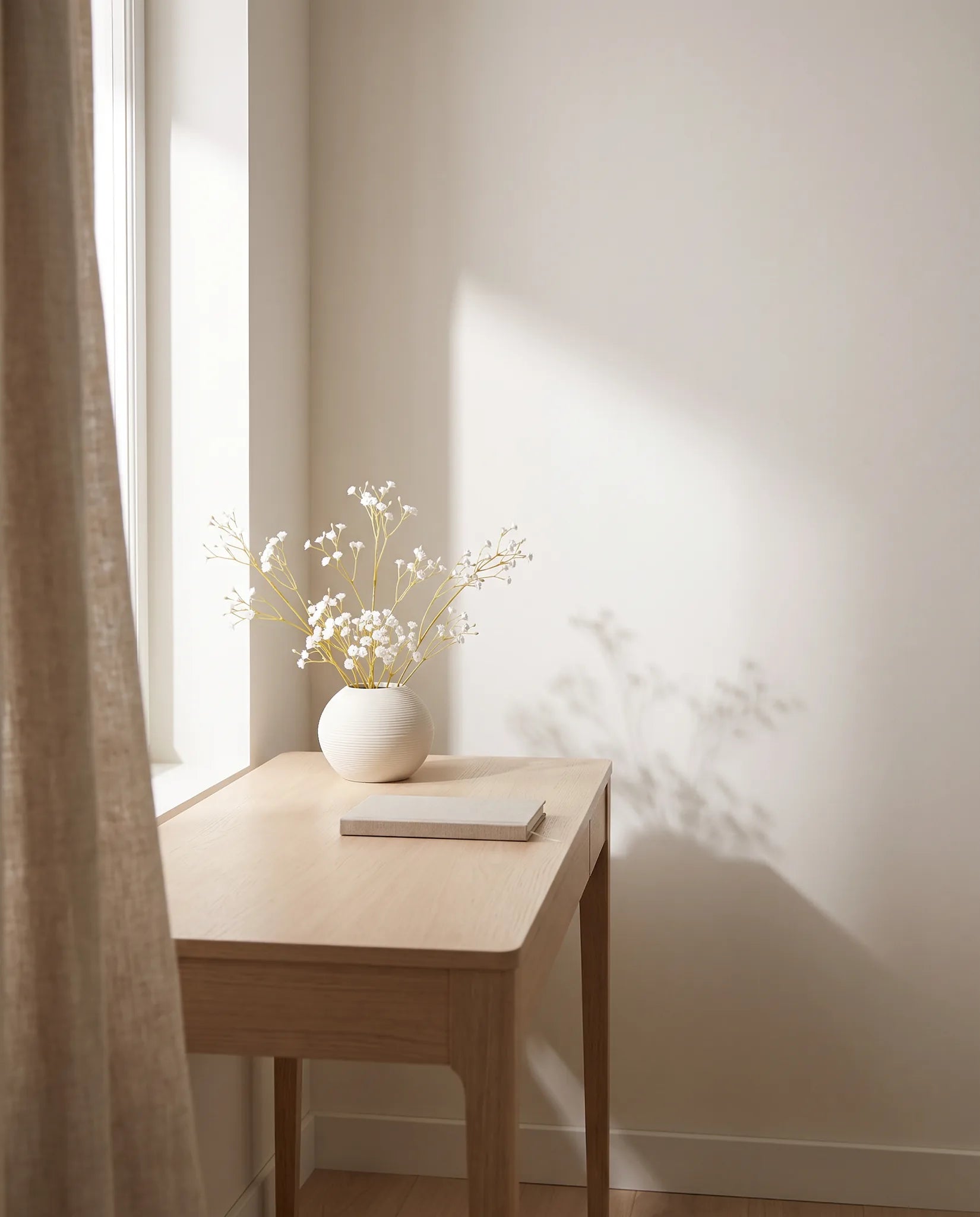 Bouquet artificiel blanc sur une table en chêne clair, bureau au rideau en lin