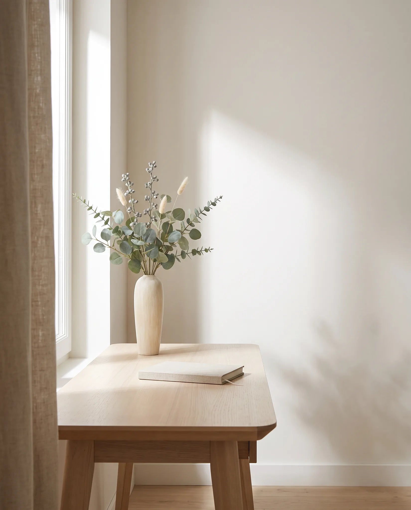 Feuillage artificiel vert-gris sur une table en chêne clair dans un bureau en lumière latérale