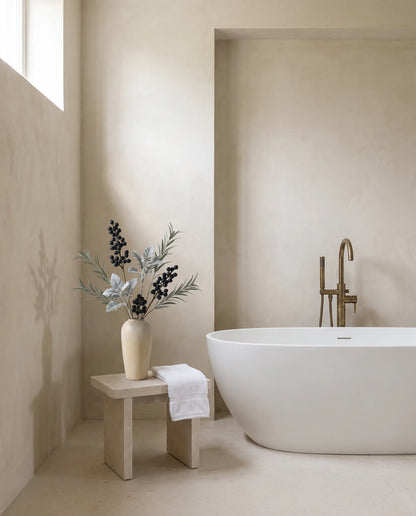 Feuillage artificiel vert argenté et noir dans une salle de bain près d'une baignoire îlot et d'un tabouret en pierre