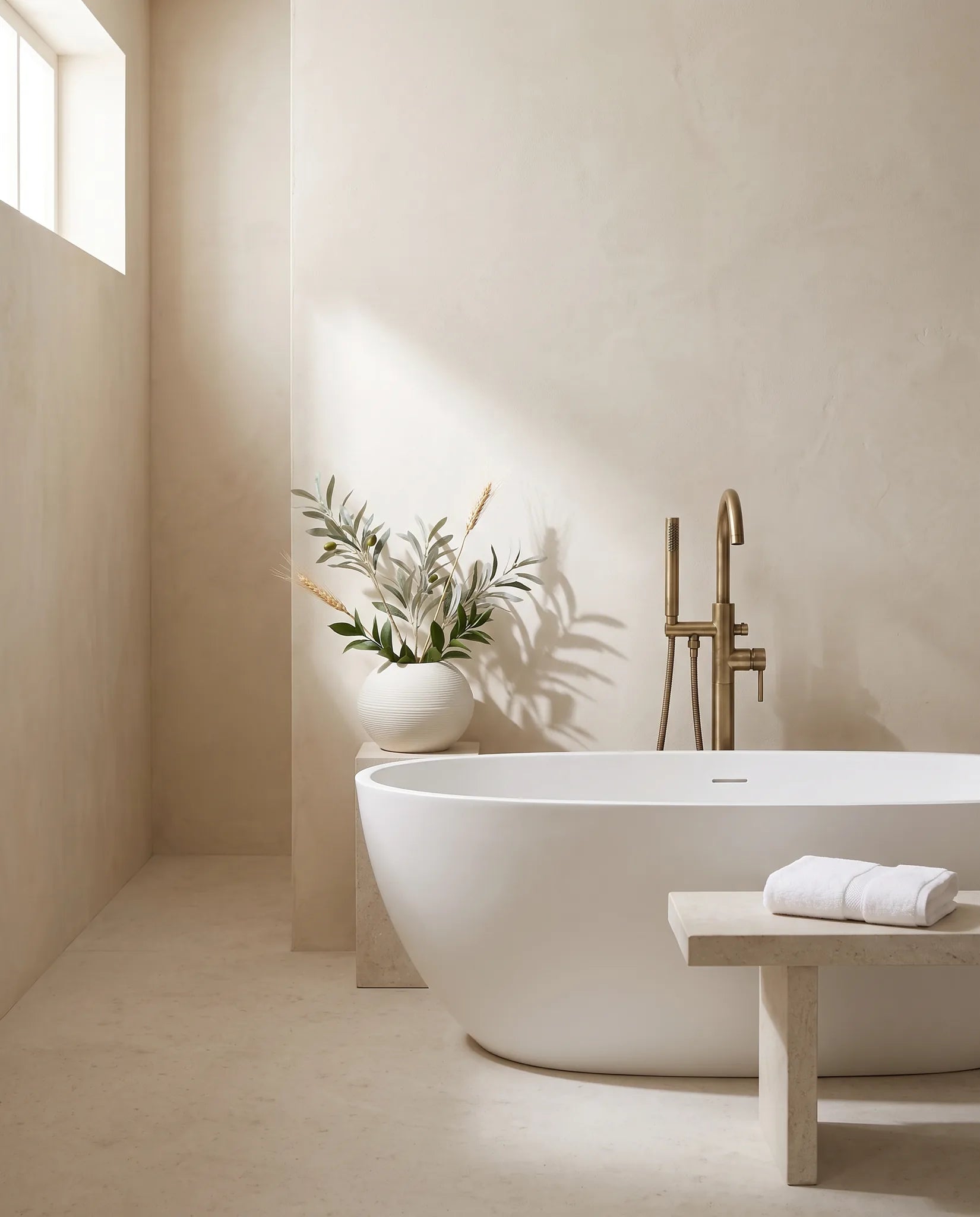 Petite plante artificielle vert-olive et dorée dans une salle de bain près d'une baignoire îlot et d'un tabouret en pierre