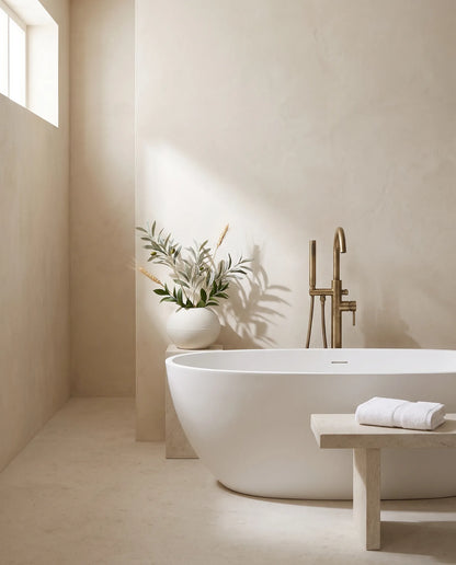 Petite plante artificielle vert-olive et dorée dans une salle de bain près d'une baignoire îlot et d'un tabouret en pierre