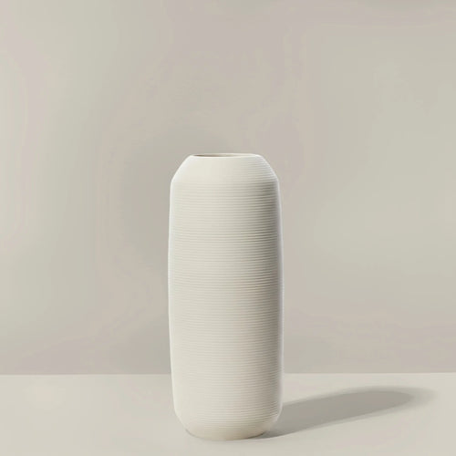 Vase céramique blanc crème strié, cylindre H 28 cm