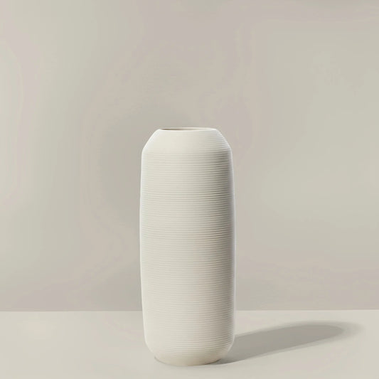 Vase céramique blanc crème strié, cylindre H 28 cm