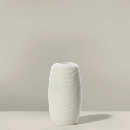 Vase céramique blanc crème strié, cylindre H 20 cm