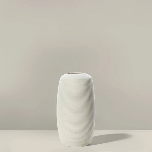 Vase céramique blanc crème strié, cylindre H 20 cm