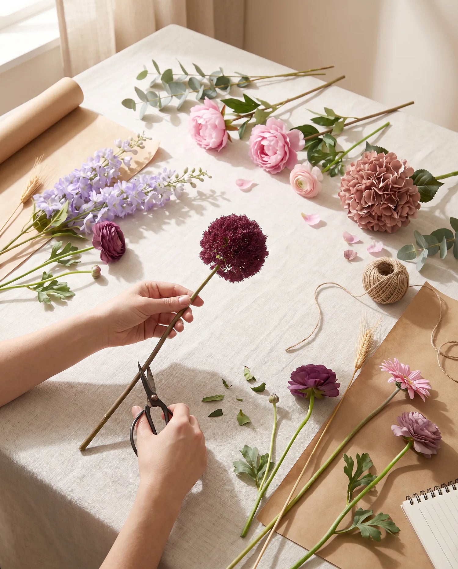 Plan de travail d'une fleuriste avec tiges de fleurs artificielles, ciseaux et ficelle