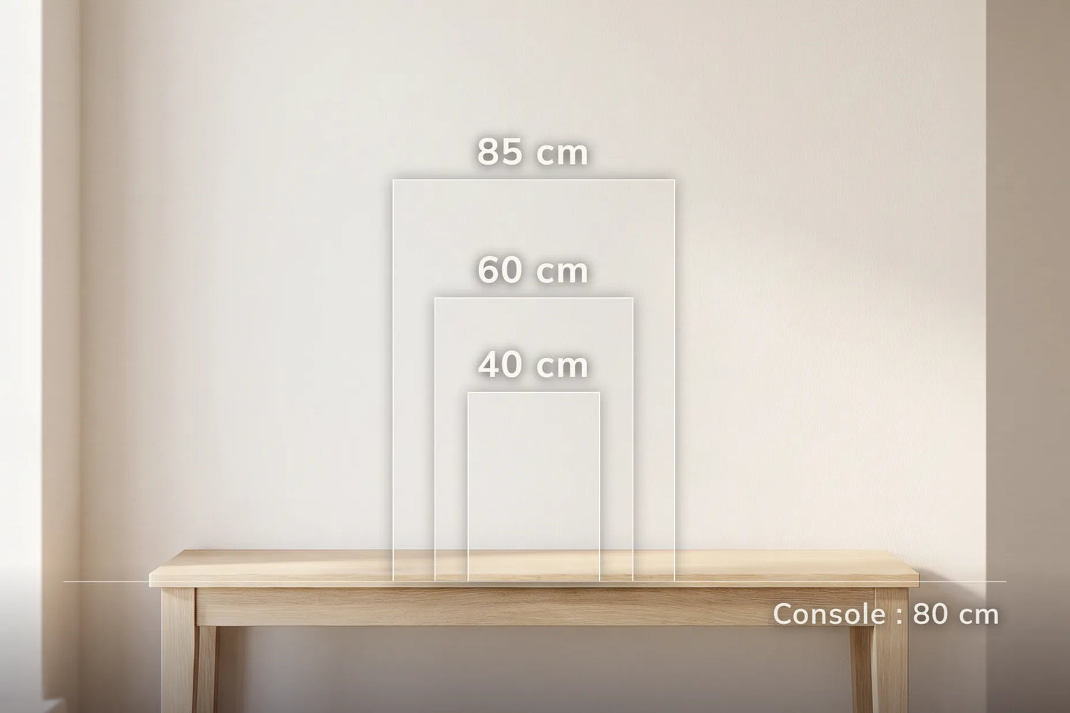 Repères de taille : bouquets de 40, 60 et 85 cm comparés sur une console de 80 cm