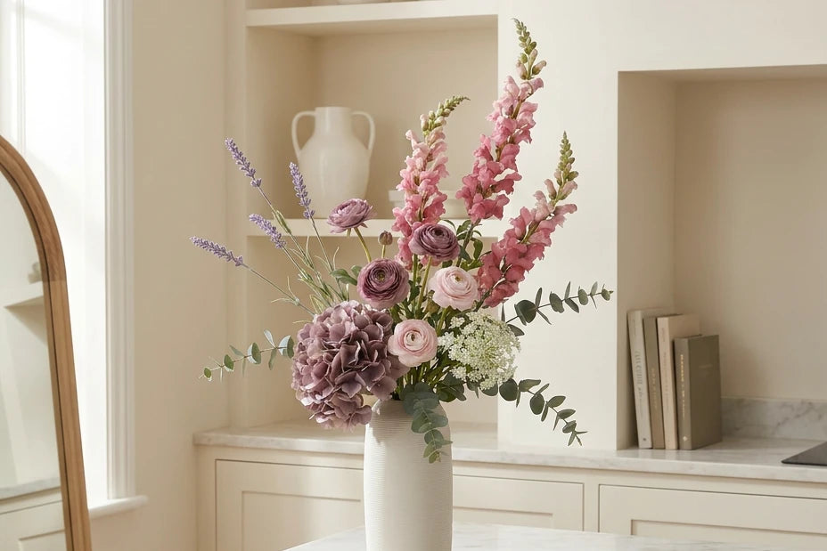 Bouquet élégant composé par des fleuristes, mis en scène dans une cuisine